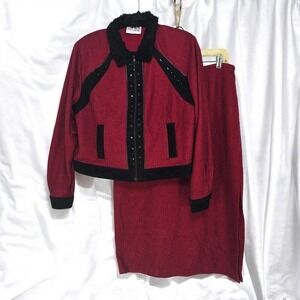 Nancy Bolen Petites City Girl Red Black Studded Skirt Suit Set Faux Fur Trim 90s